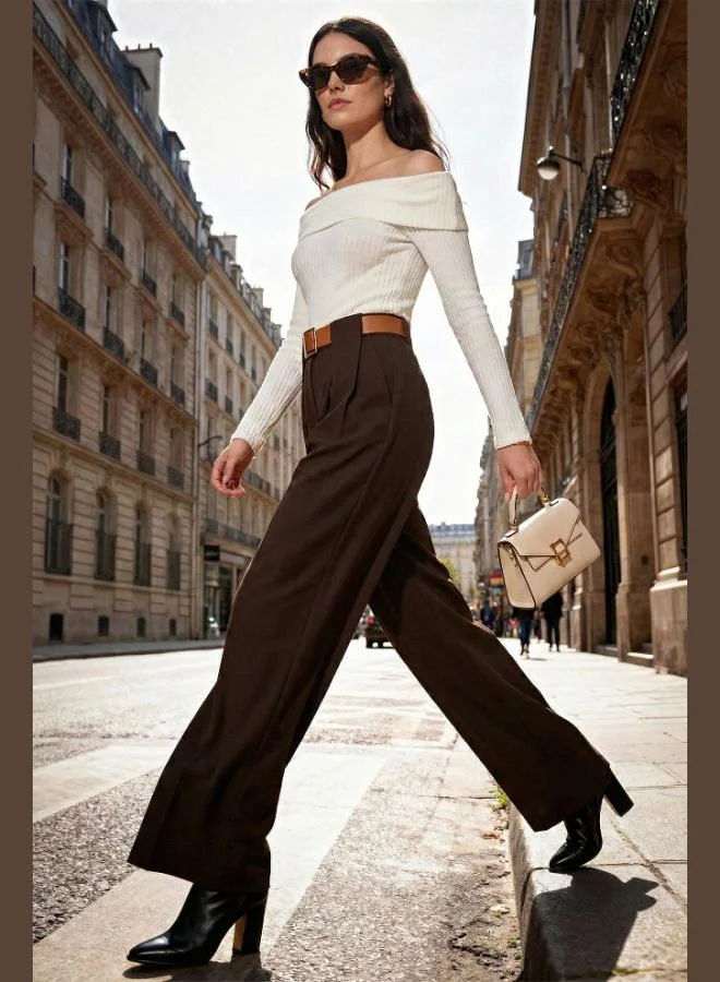 ليلا بنطلون نسائي واسع الساق بخصر عالٍ مع حزام